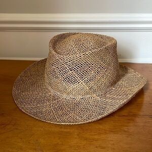 Vintage Town Talk Rattan Straw Tan Woven Hat Curved Brim Western Made in USA